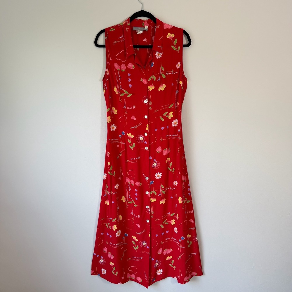VTG 90s Carol Anderson Red Floral Strawberry Maxi Dress Artsy Teacher USA 12